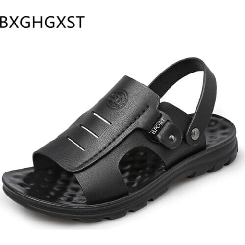 Slides Mens Sandals Summer Shoes Designer Mens Sandals Genuine Leather Black Fashion Beach Sandals Men Casual Shoes Ayakkabi