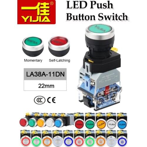 22mm LED Push Button Illuminated Switch Spring Return Momentary Latching Lock 24V 110V 220V 12V Lamp Light 1NO1NC Contact LA38