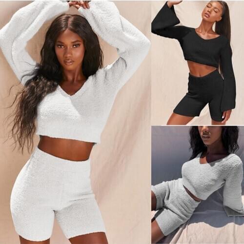 V-neck Flared Sleeve Autumn Winter Womens Home Wear Two Piece Set 2020 Comfortable Polar Fleece Pullover Top With Navel Exposed