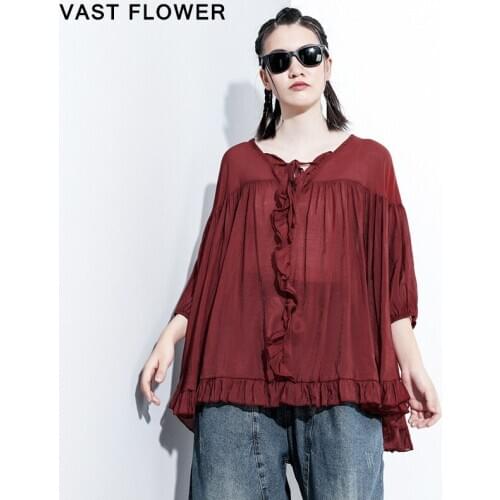 Irregular Ruffles T Shirt Women New V-Neck Three Quarter Sleeve Loose Casual Fashion Tee Shirt Femme Tops Clothing Summer 2021