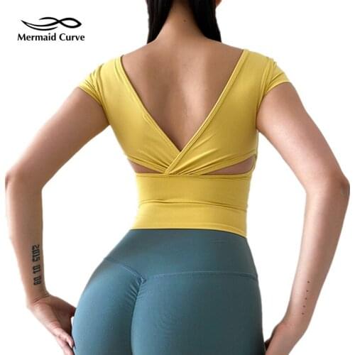 Womens Sports Tops Short-Sleeved T-Shirts With Chest Pads Sexy Back Fold Patchwork Running Training Summer Fitness Yoga Clothes