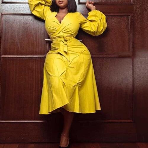 Women V Neck Long Lantern Sleeves Dress Plus Size High Waist Solid Elegant Office Lady African For Women Fashion Vestidos Robes