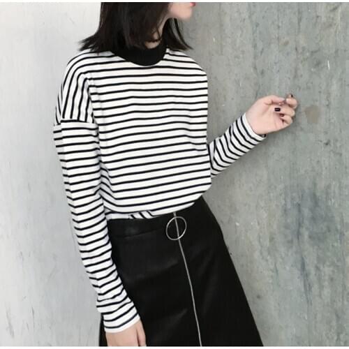 2020 Autumn Women T Shirt Fashion Clothing Lady O Neck T-Shirt Causal Black White Strip Long Sleeve Top For Female