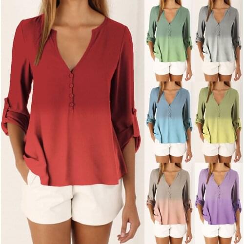 2021 Casual Fashion Long Sleeve V-neck Chiffon Shirt Gradient Color Printing Button Loose Leisure Oversized Top Women S-5XL Fall
