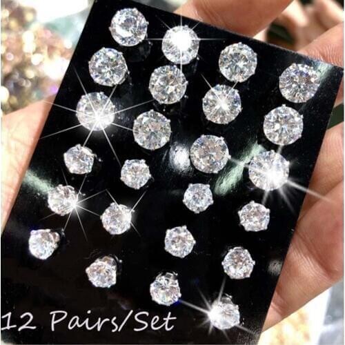 6 or 12 Pairs/set AAA CZ Shiny Rhinestone Stud Earring Set Fashion Women Girl Zircon Crystal Ear Stud Earrings Jewelry