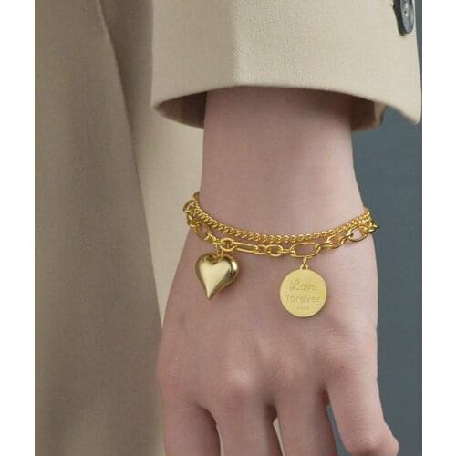 Acheerup Exquisite Stainless Steel Gold Bracelets Heart Loverforever Double Chain Bracelet for Woman Gilrs Jewelry Birthday Gift