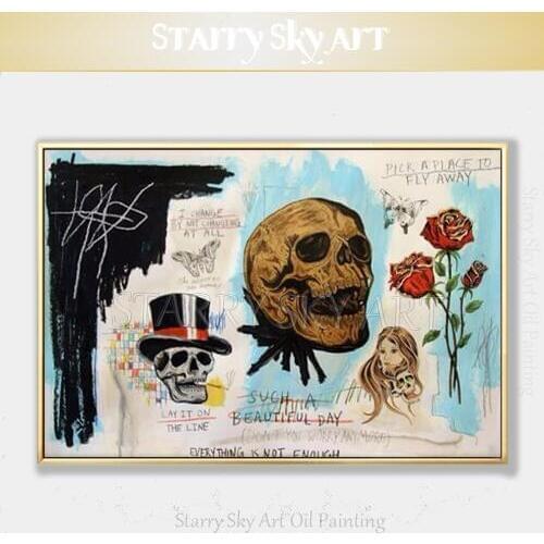 Skilled Artist Hand-painted Pop Art Skull and Human Oil Painting Hand-painted Death Rose Flower Oil Painting for Wall Decoration