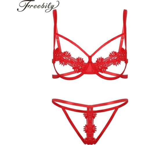 2Pcs Womens Ladies Night Erotic Lace Hollow Out Lingerie Set Bare Breast Underwire Bra Top with Thong G-String Open Butt Briefs