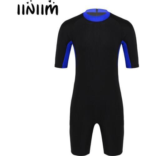 Mens Half Sleeves Color Block Leotard Bodysuit Shorty Wetsuit Diving Swimming Snorkeling Surfing Scuba Jumpsuit Warm Swimwear
