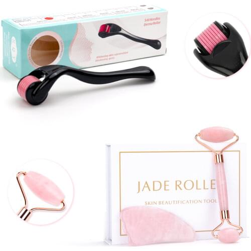 Rose Quartz Jade Massage Roller Set Natural Crystal Stone Face Roller Massager Guasha with Derma Roller 0.3mm Skin Care Tool