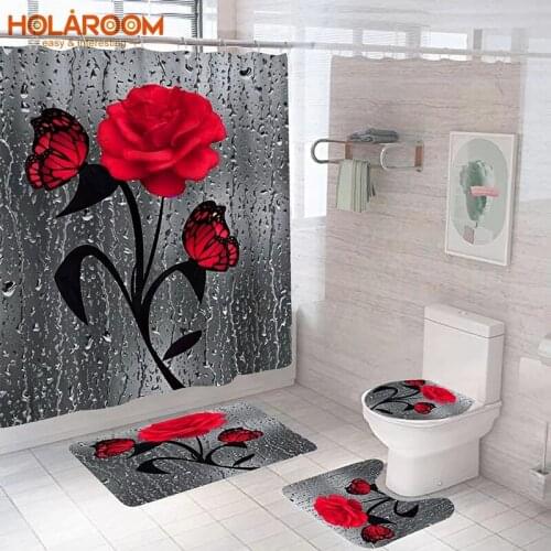 Red Rose&Butterfly Bathroom Anti-slip Mat Set Durable Waterproof Shower Curtain Set Pedestal Rug Lid Toilet Cover Bath Mat Rugs