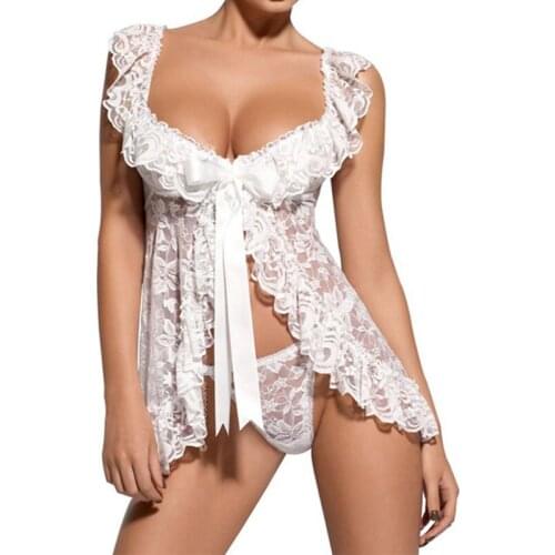 2020 New Sexy Lingerie Robe Dress Women Erotic Costumes Lace Sleepwear Nightgown+ Sexy G String Sleepwear Nightgowns QQNY22