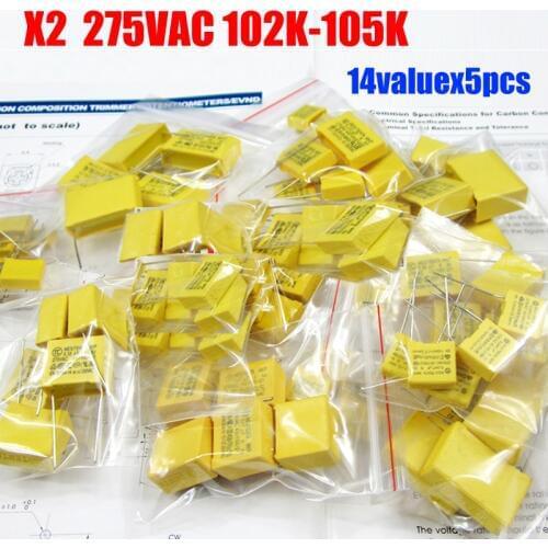 X2 Safety Capacitor 275VAC 102K-105K 1NF~1UF Assorted Kit 14valuesx5pcs=70pcs