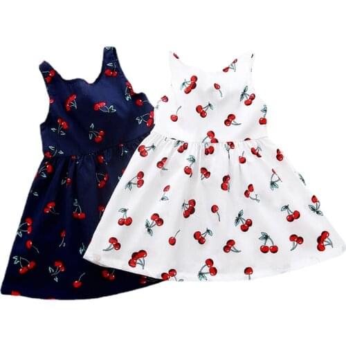 Summer Children Kids Girls Sleeveless Cotton Dresses Sundress Sarafan Cherry Print Backless Satin Band Dress Clothing