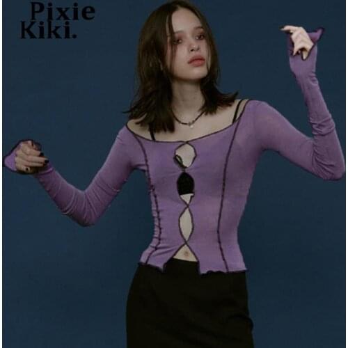 PixieKiki Contrast Stitch Cut Out Long Sleeve Crop Top Fairy Grunge Clothes Purple Black Egirl Style Ladies Tshirt P76-CA16
