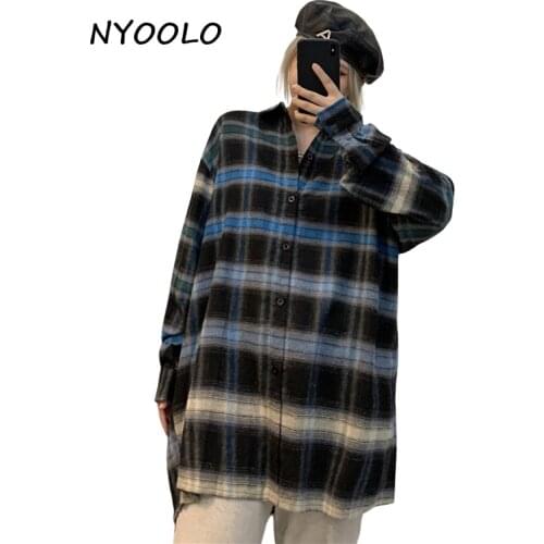 NYOOLO Vintage Streetwear Classic Gradient Plaid Oversized Long Sleeve Shirt Women Men Clothes Autumn Hip Hop Skateboard Tops