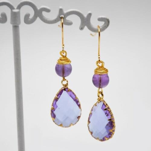 2019 New Arrivals Purple Crystal Pendant Drop Earring Handmade Prong Setting Stone Beads Jewelry Women Party Jewelry