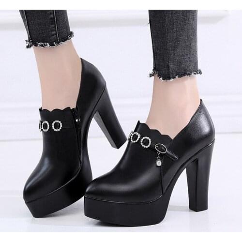 Fall Winter Block Heels Pumps Women Shoes 2021 Deep Rhinestone High Heel Shoes 12cm Black Office Shoe Platform Plus Size 32-43