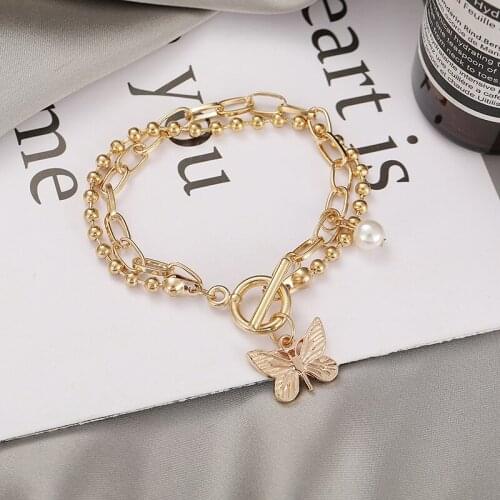 Gold Color Double Layer Butterfly Pendant Anklet for Women OT Buckle Bracelets Ankle On Leg Hip Hop Summer Beach Sandal Jewelry