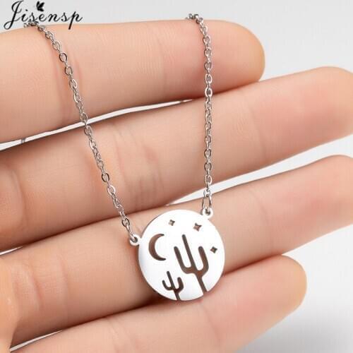 Jisensp Simple Crescent Moon Star Necklace Women Vintage Cactus Pendant Necklaces Everyday Jewelry Circle Necklace Gift for Her