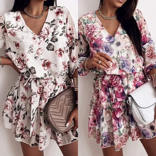 Autumn Women Dress Print Color Sexy V-Neck Full Sleeve Empire Fashion Elegant With Belt Ruffles Spring Chic Female Vestido C2990