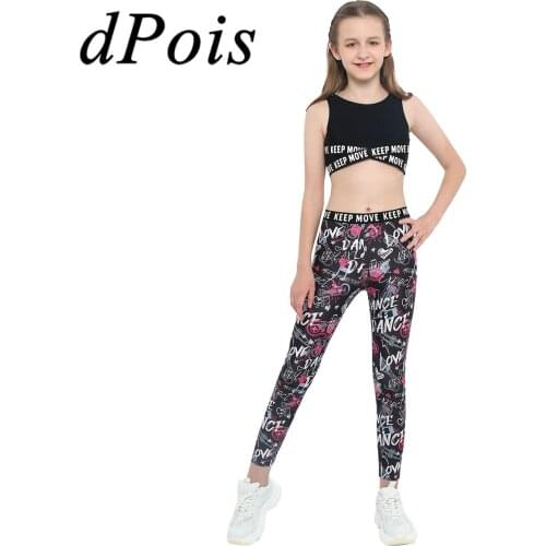 2Pcs Girls Fashion Sport Suit Tracksuits Crop Top Cartoon Graffiti Printed Pants Kids Clothes Sets for Ballet Gymnastic Workout