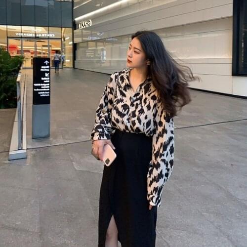 Women 2021 Autumn Winter Fashion 2 Piece Set Female Print Long Sleeve Shirt + Split Pencil Skirts Elegant Two-pieces Set A586