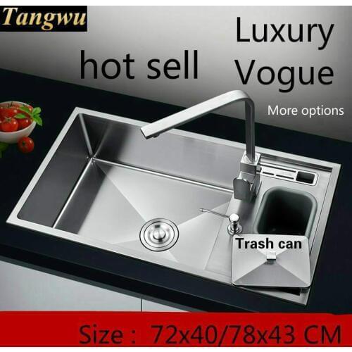 Free shipping Luxury kitchen manual sink single trough durable standard food-grade 304 stainless steel hot sell 72x40/78x43 CM