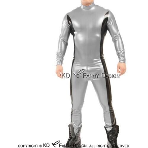 Black And Pewter Sexy Latex Catsuit With Shoulder Zippers Rubber Bodysuit Zentai Overall LTY-0261