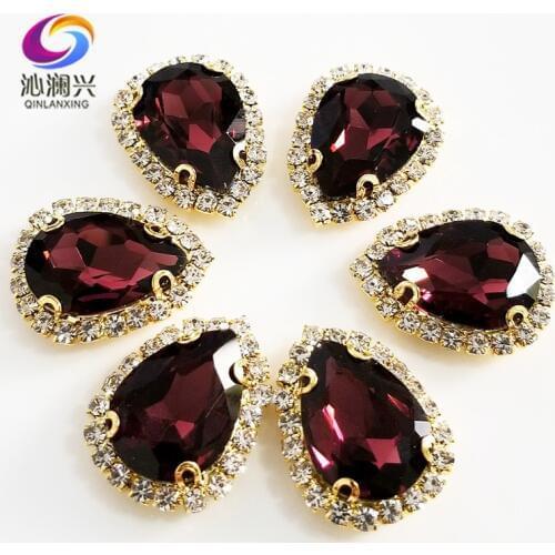 Wine red Golden bottom Top grade Glass Crystal buckle,Drop shape sew on rhinestones,Diy wedding decoration 10pcs/pack SWSK16