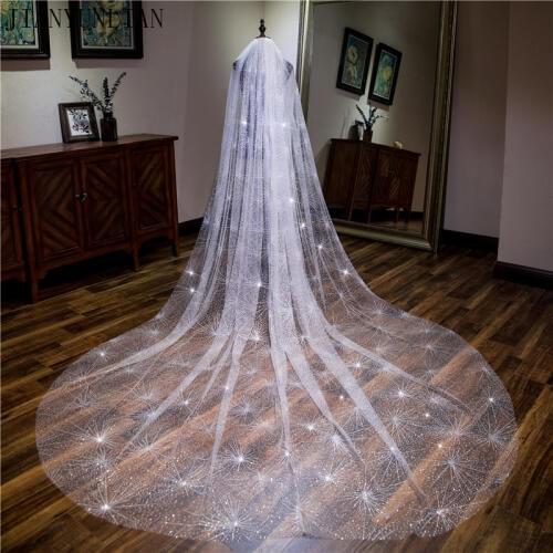 White 3.5 m One Layer Long Bridal Veil with Comb Tulle Beaded Lace Edge Cathedral Wedding Veil with Crystal Wedding Accessories