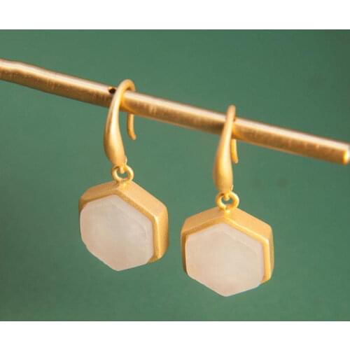Natural Hetian White Jade Earrings Eardrops Womens Natural S925 Sterling Silver Geometric Chinese Ornament