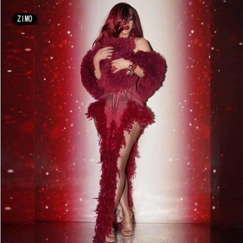 Red Feather Rhinestones Slit Dress Bar Nightclub Female Singer Stage Costume Womens Prom Party Luxury Sexy Long Dresses designer