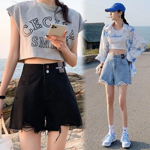 Girls Summer A-line Burr Jeans Shorts Women High Waist Thin Versatile Wide Leg Trend A-line Short Destroyed Hot Pants