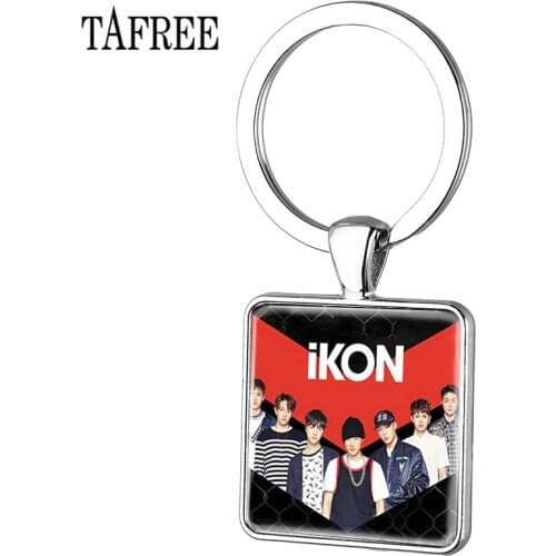 TAFREE Trendy Kpop IKon Square Shape Keychains For Fans Key Chains Key Rings Car Bag Key Pendant Silver Color Metal Jewelry IK07