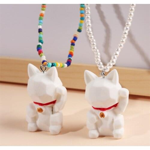 Cute White Big Lucky Cat Necklaces & Pendants For Women Girls Bohemian Multicolor Glass Beads Handmade Beaded Chain Necklaces