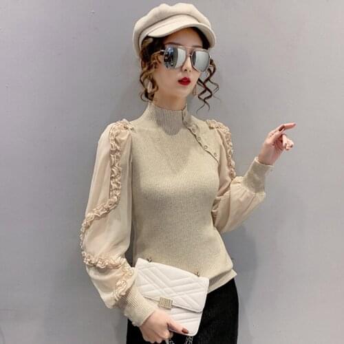 New 2021 Spring Autumn Womens Clothing Korean Fashion Buttons Splicing Lace Lace Knitting Inside Western Style Long Sleeve Top