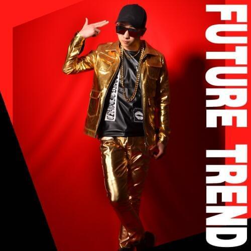 Ouro Multi Bolso da Jaqueta De Couro Homens Moda Masculina Slim Fit Brasão Nightclub Estágio Cantor Trajes Dançarino DJ Stage