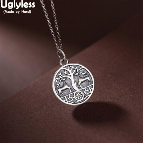 Uglyless Running to Happiness Embossed Deers Hope Tree Pendant Necklaces NO Chain Vintage Medal Jewelry 925 Silver Deer Necklace