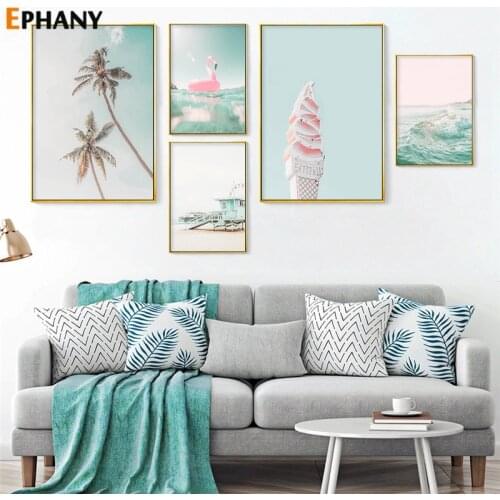 Ocean Landscape Canvas Poster Beach Pink Flamingo Swim Rign Art Tropical Tree Print Painting Picture Scandinavian Home Decor