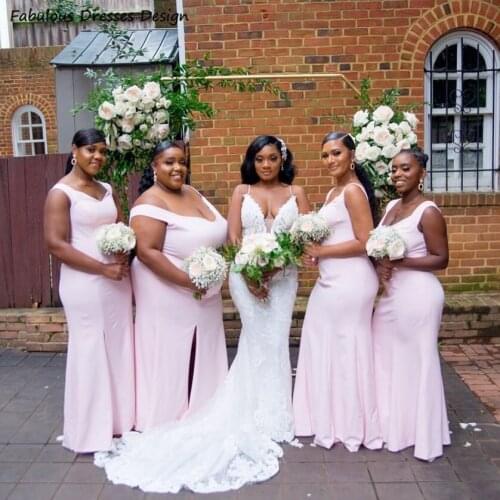 Plus Size Mermaid Bridesmaid Dresses Blushing Pink 2021 Long With Leg Split Maid Of Honor Dress African Women Wedding Party