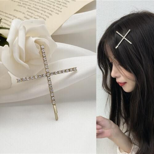 Cute Rhinestone Metal Cross Barrette Hairpin Korean Romantic Hair Sticks for Women Girls Kids Hair Clips 2021 New Arrival Trend