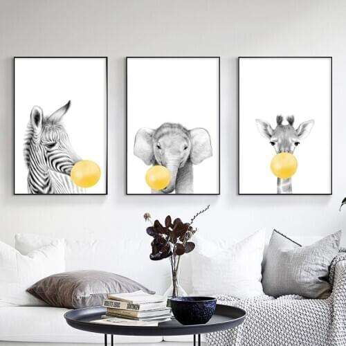 Baby Nursery Yellow Balloons Animal Wall Art Poster Print Zebra Koala Elephant Giraffe Canvas Painting for Kids Room Decoration
