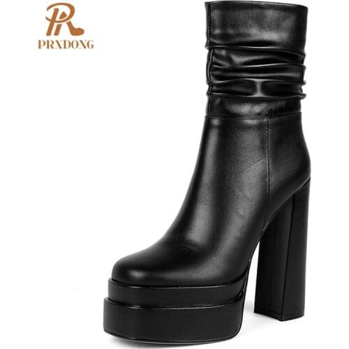 Autumn Sexy Womens High Heeled Thick Platform Ankle Boots with Zipper Pleated Square Toe Black White Ladies Shoes Dress Wedding