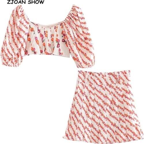 Retro White Flower Striped Line Short T-shirt Crop Top Sexy Women High Waist Pleated Mini Skirt Short Sleeve Tops 2 Pieces Set
