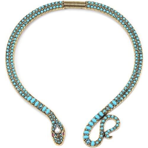 Boho Tribal Snake Shape Statement Choker Necklace Women Faux Stone Pearl Crystal Necklace Indian Ethnic Adjustable Open Necklace