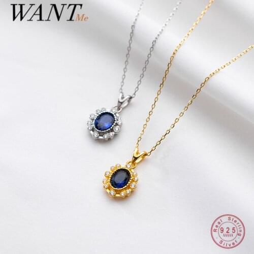 WANTME 925 Sterling Silver Bohemian Vintage Luxury Blue Oval Zircon Pendant Necklace for Women Fashion European Wedding Jewelry