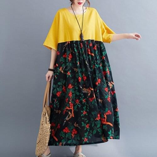 Patchwork Print Floral Vintage Dress Cotton Linen Loose Women Dress Short Sleeve Summer Dress Plus Size 5XL Female Casual Dress