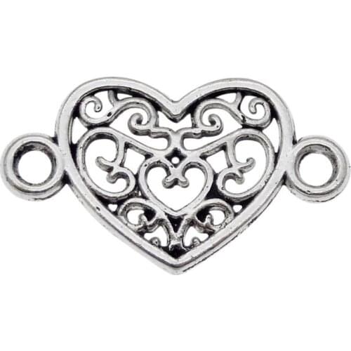 Julie Wang 20PCS Hollow Heart Shape Connector Antique Silver Color Alloy Bracelet Pendant Jewelry Making Metal Accessory