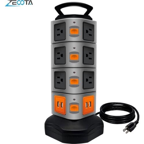 Tower Power Strip Vertical Extender Outlets Surge Protector 2500W 10A Socket with USB 2m/6.5ft Extension Cord for Home Office